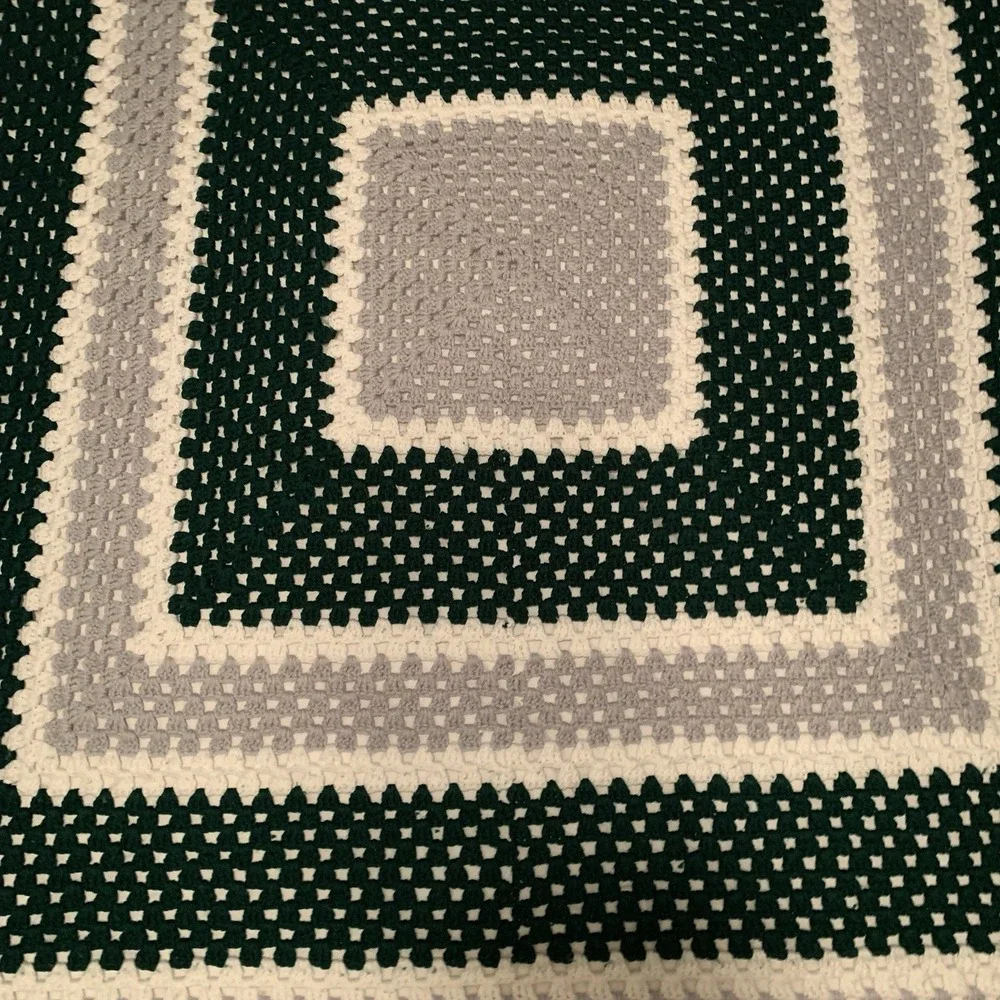 Vintage Handmade Crochet‎ Afghan Blanket Green Gray White 65 X 65 Granny Square